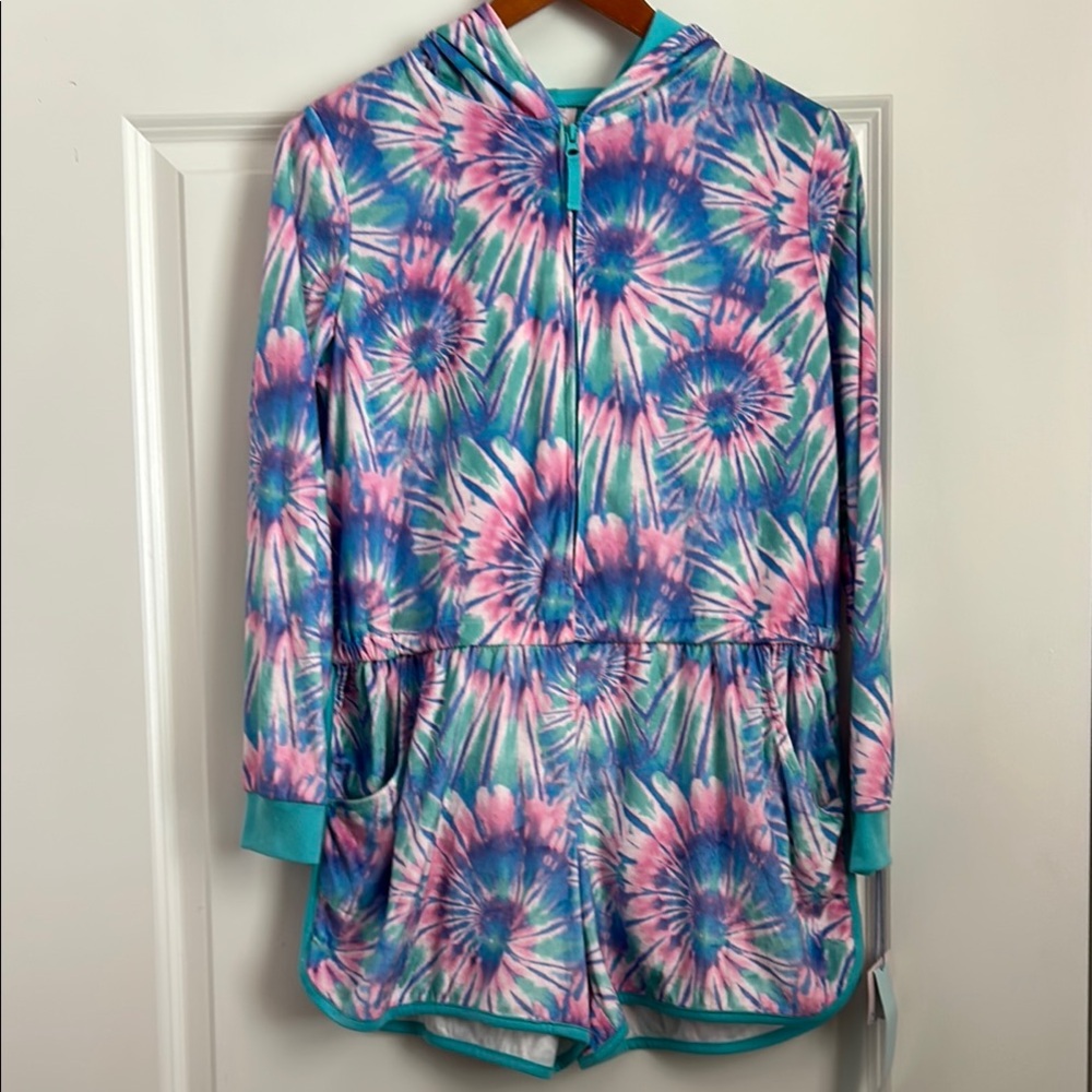 Zip Front Brushed Tie Dye Romper Hoodie Sleepwear
